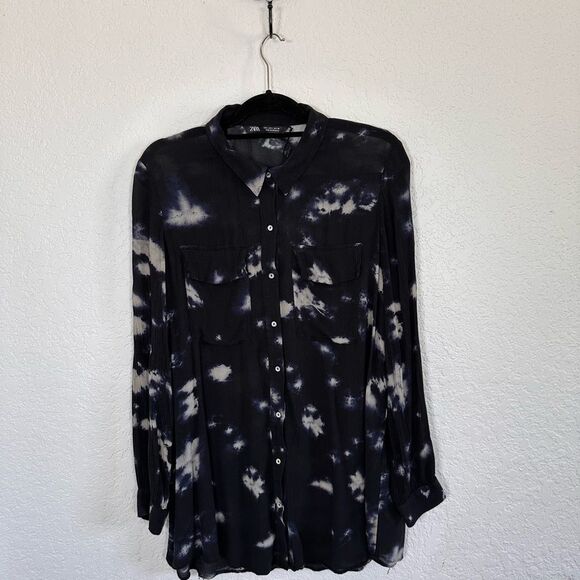 Zara black tie dye button down shirt size large - Picture 2 of 9